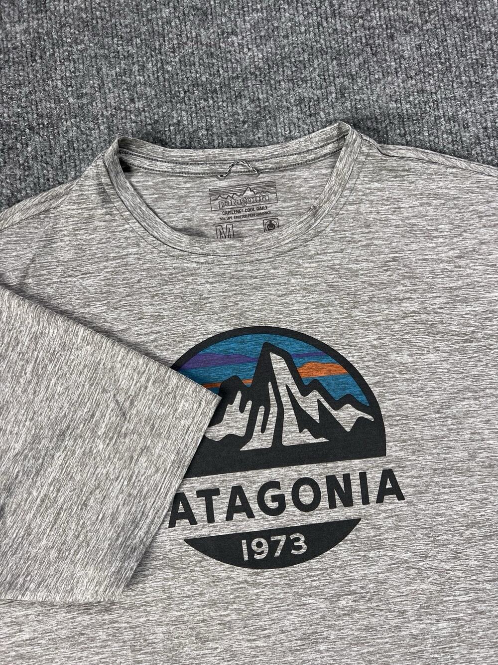 Patagonia T Shirt Capilene Cool Daily Gray Mountain Graphic UPF 50 Mens Medium